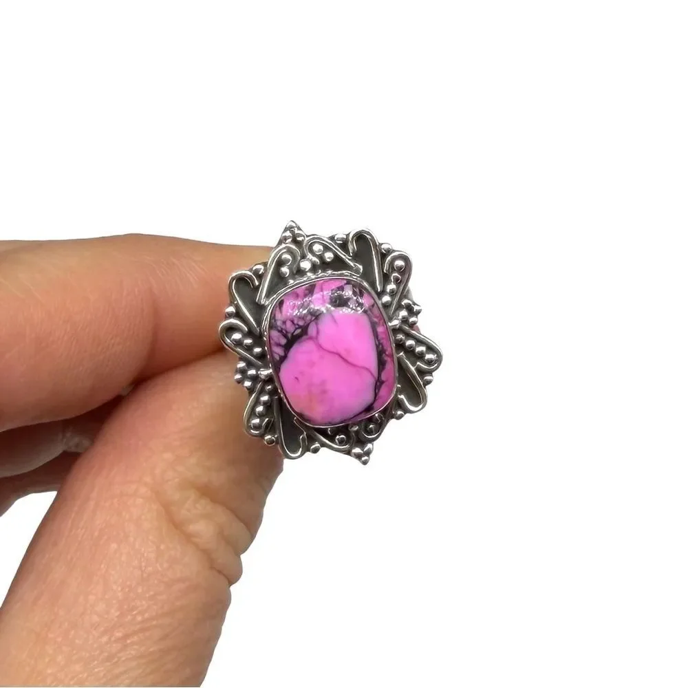 Kingman Cherry Blossom Turquoise Ring Solid 925 Sterling Silver Size 6